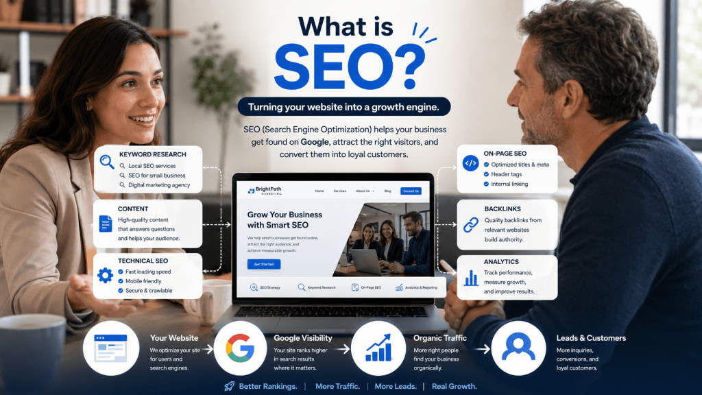 Search engine optimization concept explained with website, keywords, rankings, traffic, and leads.