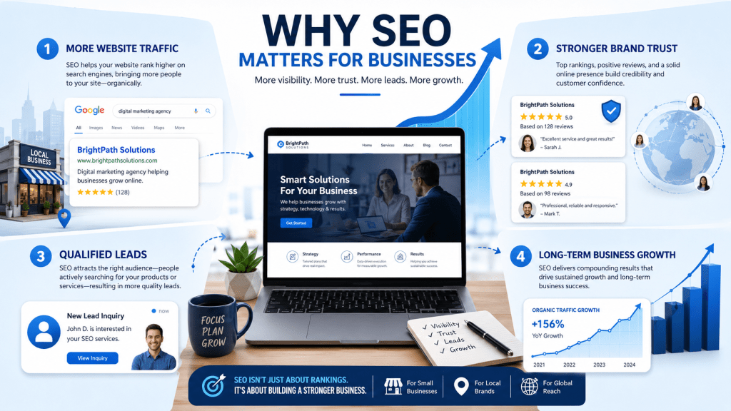 Infographic showing SEO benefits including traffic, trust, leads, and long-term business growth.