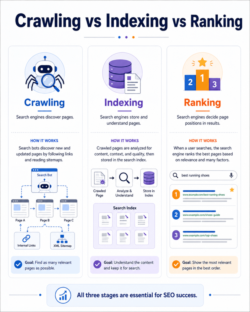 Crawling vs Indexing vs Ranking